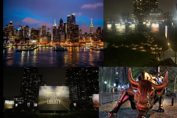 Ruta a pie por la noche Sendero de la libertad con ferry a Wall Street Bull