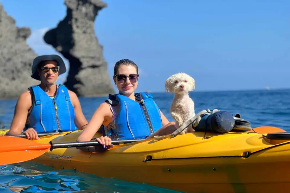 Santorini: Excursión en kayak por las cuevas marinas con snorkel y picnic