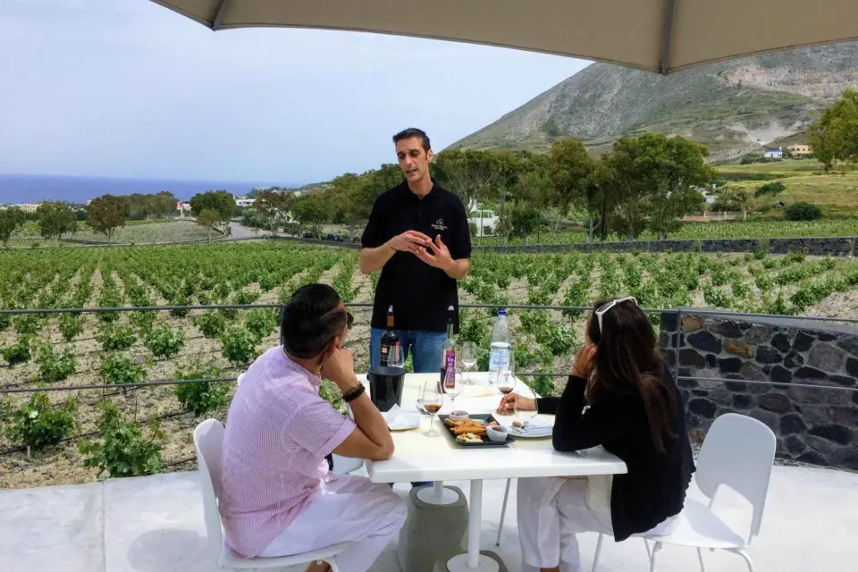 Visita privada en grupo a Akrotiri y 3 bodegas con degustaciones